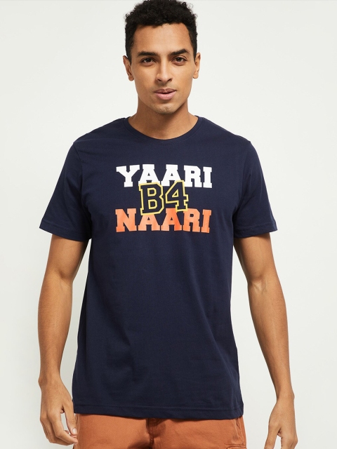 

max Men Blue Typography Printed Applique T-shirt