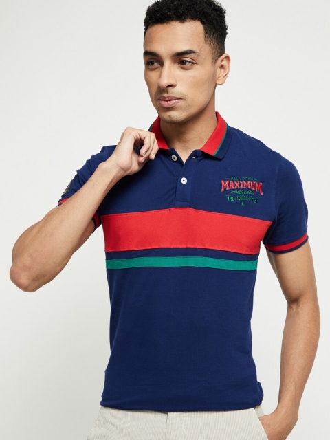 

max Men Blue Striped Polo Collar T-shirt