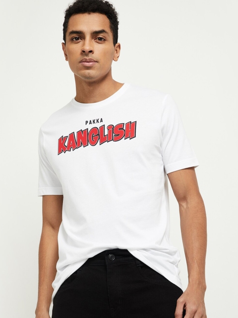

max Men White Typography Printed Applique T-shirt