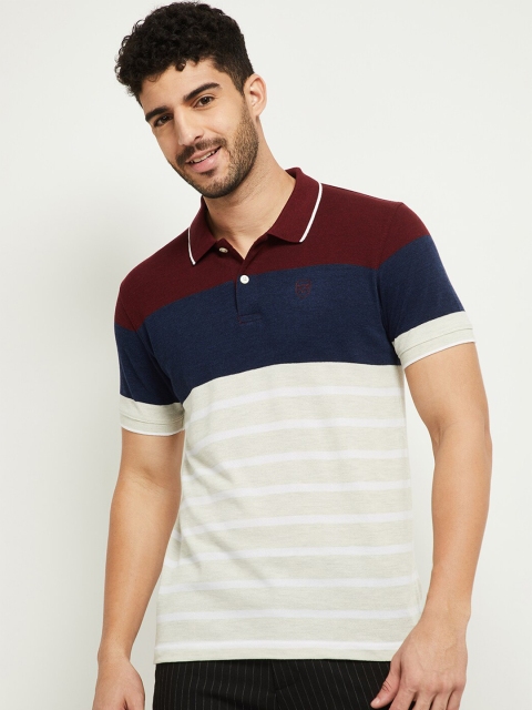 

max Men Blue & Maroon Striped Polo Collar T-shirt