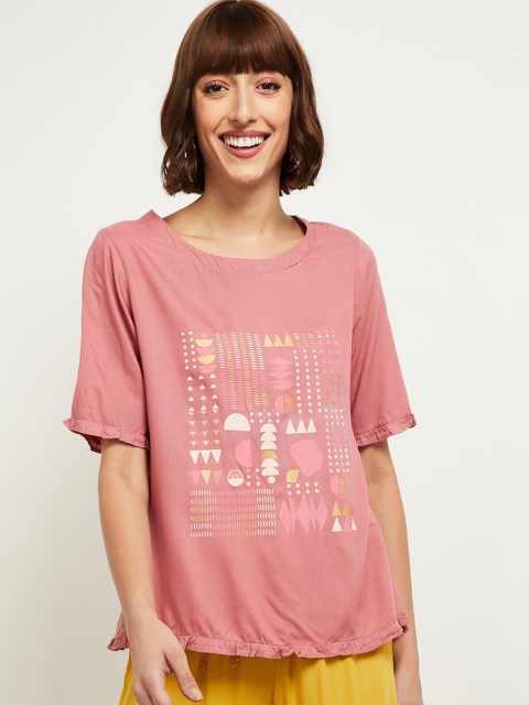 

max Women Pink Typography Printed Extended Sleeves T-shirt