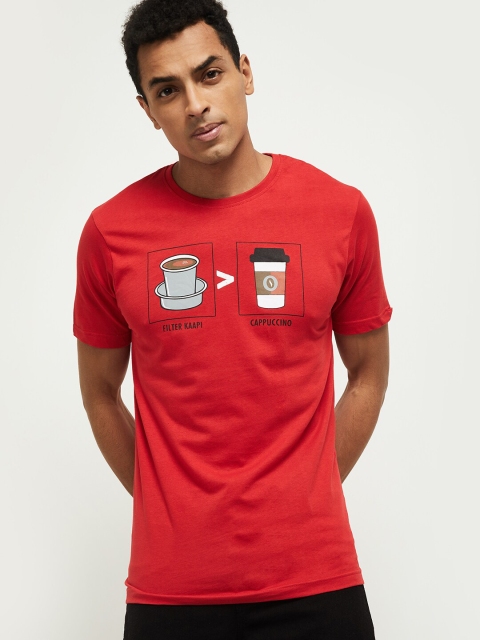 max Men Red Typography Printed Applique T-shirt
