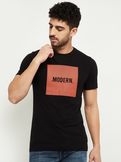 

max Men Black Typography Printed Applique T-shirt