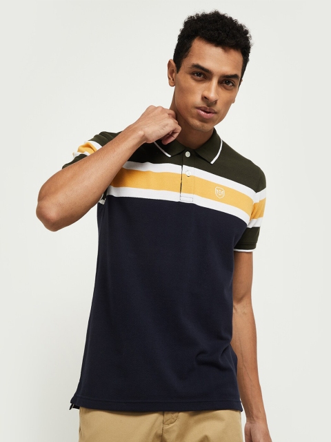

max Men Olive Green & Navy Blue Colourblocked Polo Collar T-shirt