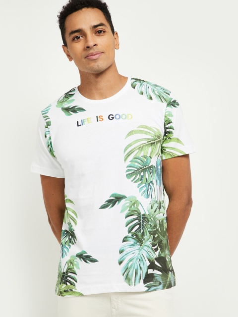 

max Men White Floral Printed Tropical Raw Edge T-shirt
