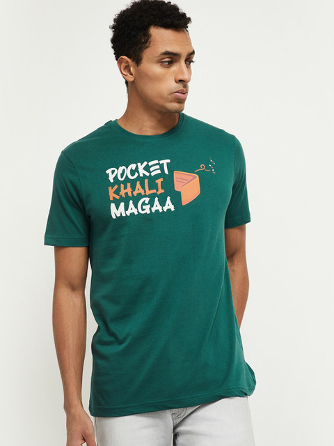 

max Men Green Typography Applique T-shirt