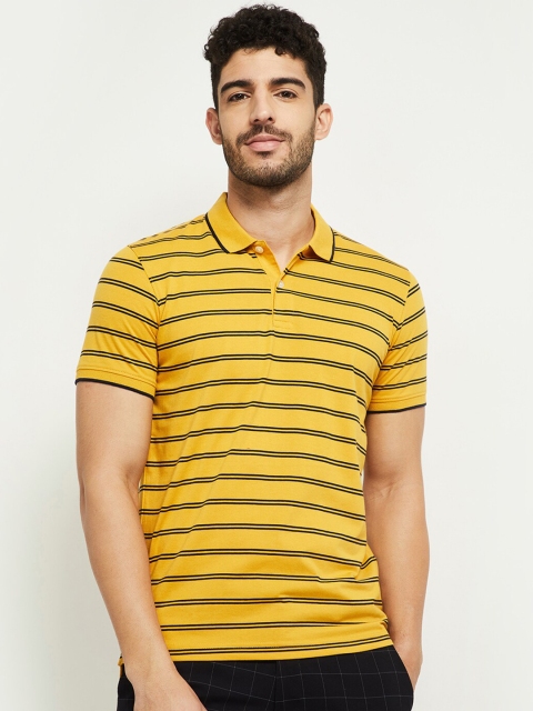 

max Men Yellow & Black Striped Polo Collar Slim Fit T-shirt