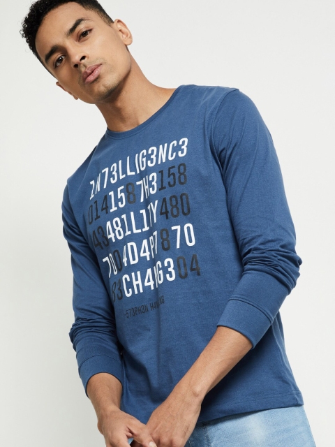 

max Men Blue Typography Printed Raw Edge T-shirt