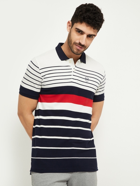 

max Men Navy Blue & White Striped Polo Collar T-shirt