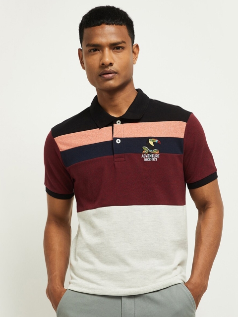 

max Men Teal Colourblocked Polo Collar Applique T-shirt
