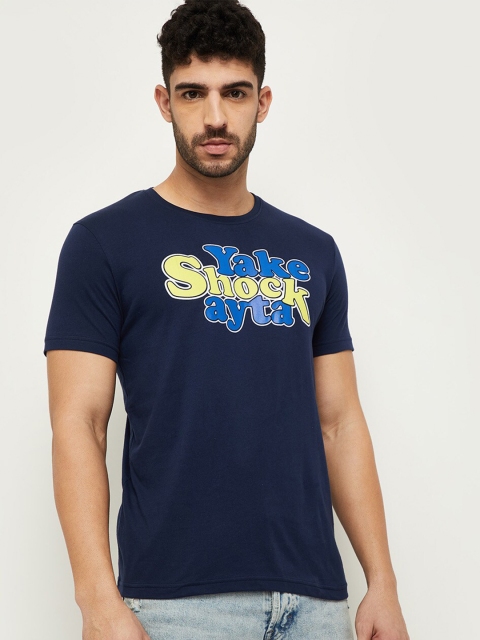 

max Men Blue Printed Applique T-shirt