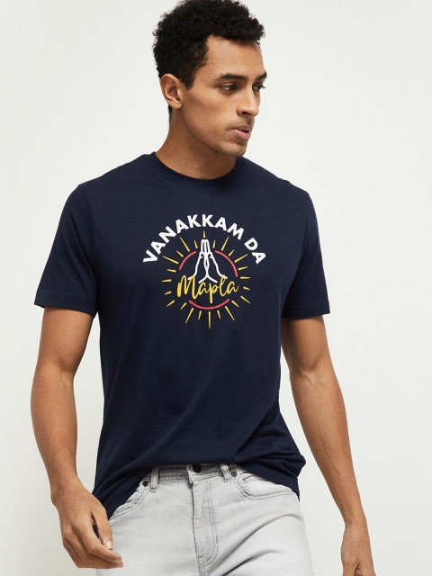 

max Men Blue Typography Printed T-shirt