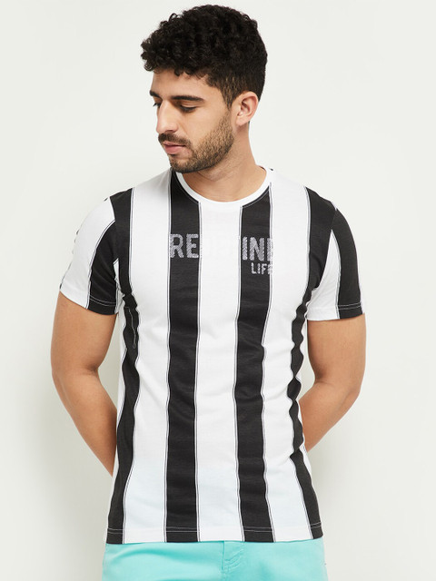 

max Men White & Black Striped Applique T-shirt