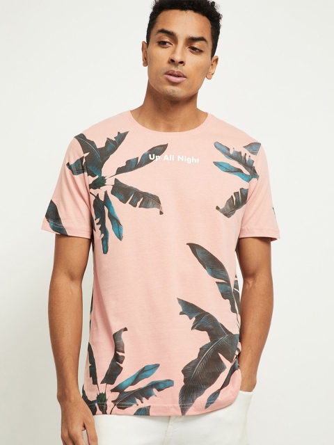 

max Men Pink Printed Raw Edge T-shirt