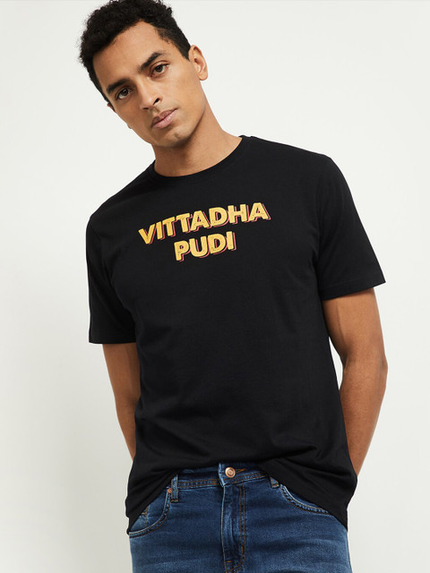 

max Men Black & Yellow Typography Printed Cotton T-shirt