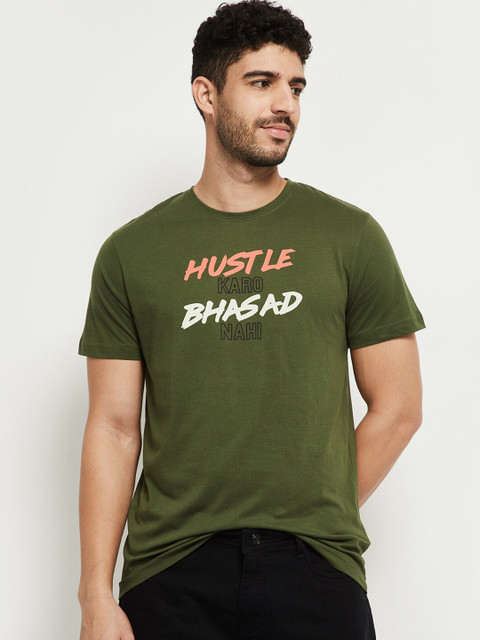 

max Men Olive Green Typography Printed Cotton T-shirt