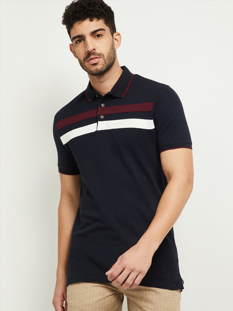 

max Men Navy Blue & Maroon Striped Polo Collar T-shirt