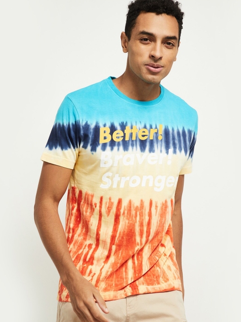 

max Men Blue & Orange Tie and Dye Cotton T-shirt