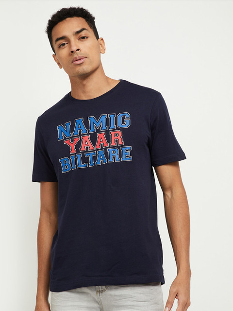 

max Men Navy Blue Typography Printed Cotton Pure Cotton T-shirt