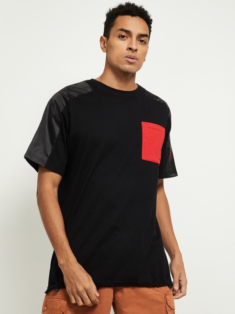 

max Men Black Extended Sleeves Cotton Pure Cotton T-shirt