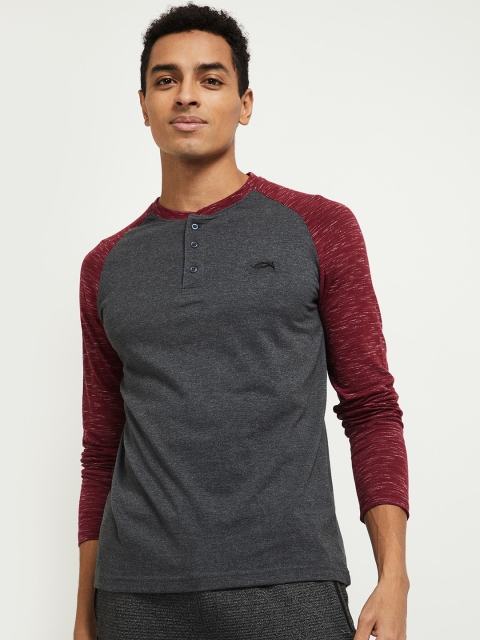 

max Men Charcoal Grey & Maroon Colourblocked Henley Neck T-shirt