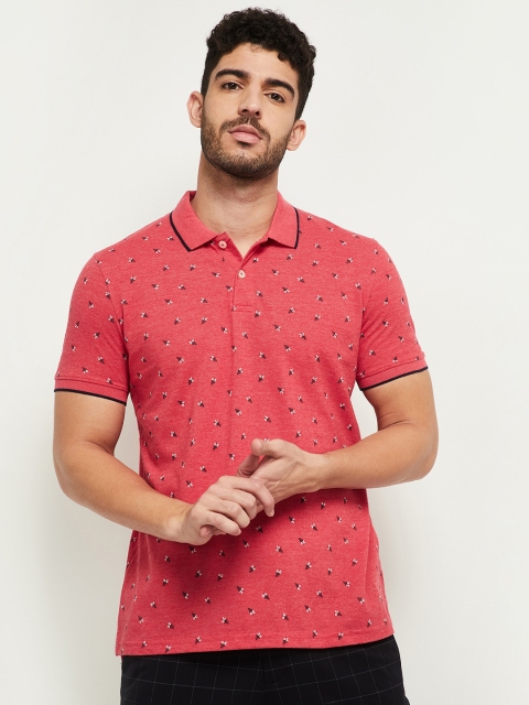 

max Men Red & Black Floral Printed Polo Collar T-shirt