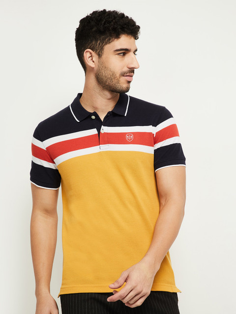 

max Men Yellow Striped Polo Collar T-shirt
