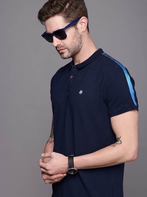 

WROGN Men Navy Blue Polo Collar Slim Fit T-shirt with Side Taping