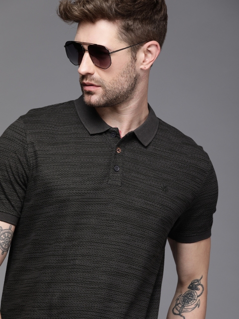 

WROGN Men Dark Grey Self-Design Polo Collar Pure Cotton Slim Fit Casual T-shirt