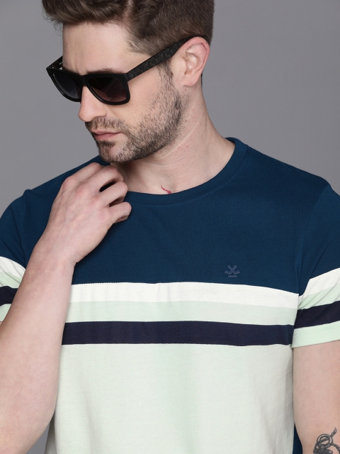 

WROGN Men Teal White Striped Pure Cotton T-shirt