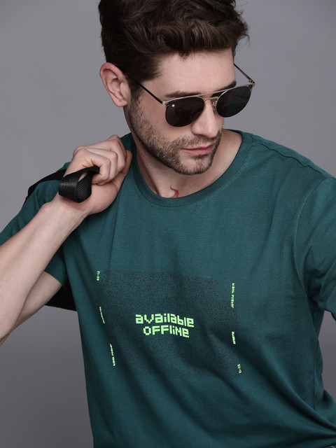 

WROGN Men Teal Typography Printed Pure Cotton T-shirt