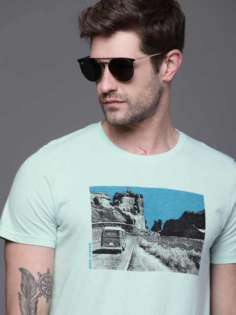 

WROGN Men Sea Green Printed Slim Fit Pure Cotton T-shirt