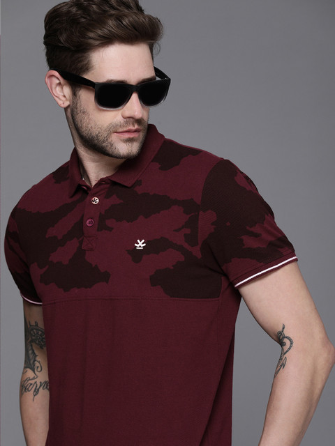 

WROGN Men Maroon Camouflage Printed Polo Collar Cotton Slim Fit T-shirt