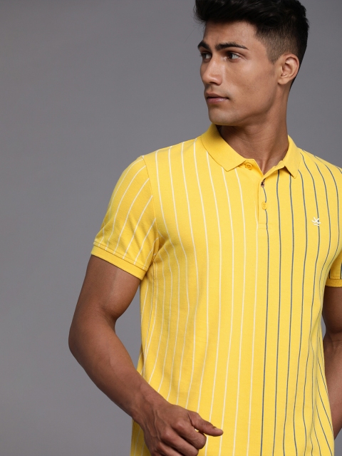 

WROGN Men Yellow & Blue Striped Polo Collar Pure Cotton Slim Fit T-shirt