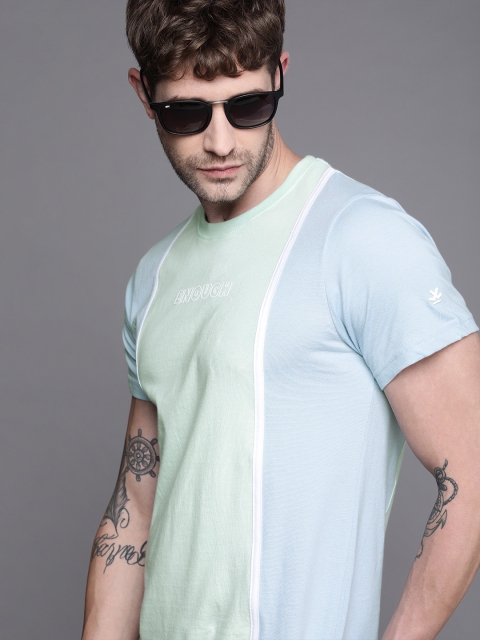 

WROGN Men Blue Green Colourblocked Pure Cotton T-shirt