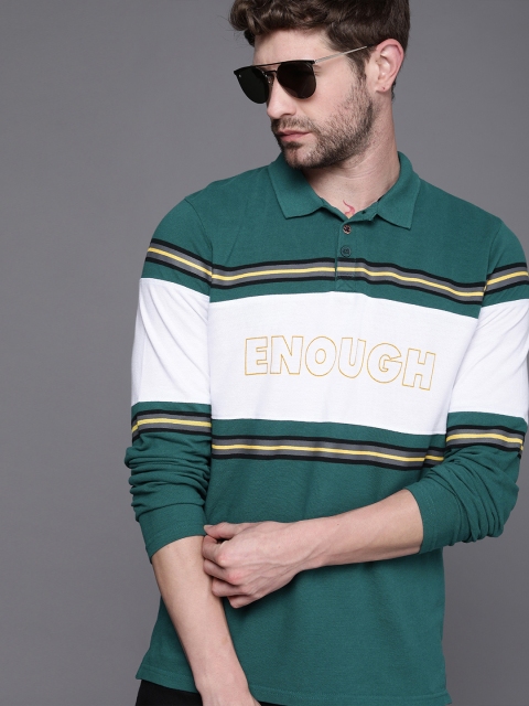 

WROGN Men Teal & White Colourblocked Polo Collar Slim Fit T-shirt