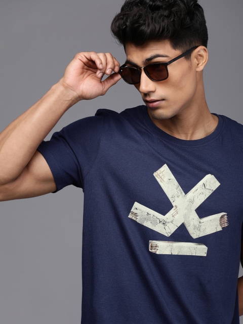 

WROGN Men Navy Blue & White Brand Logo Printed Pure Cotton T-shirt
