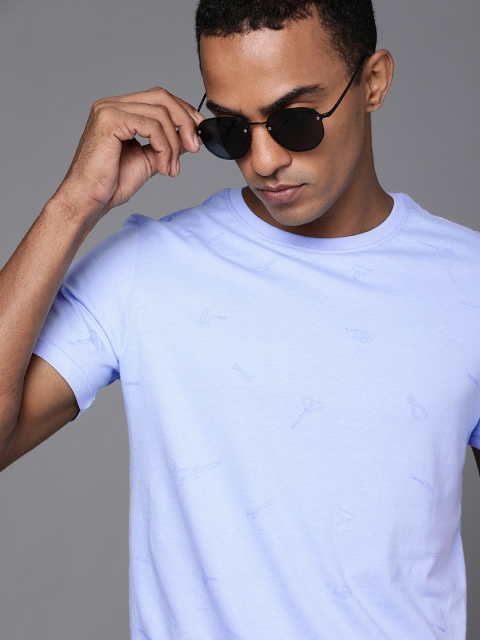 

WROGN Men Blue Printed Slim Fit Pure Cotton T-shirt