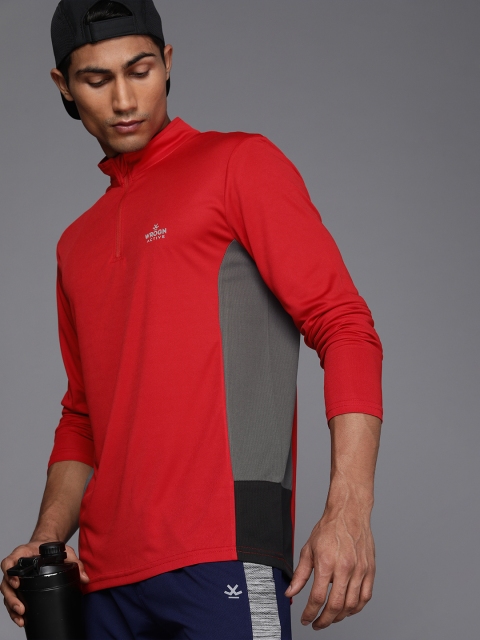 

WROGN ACTIVE Men Red & Grey Colourblocked High Neck Slim Fit T-shirt