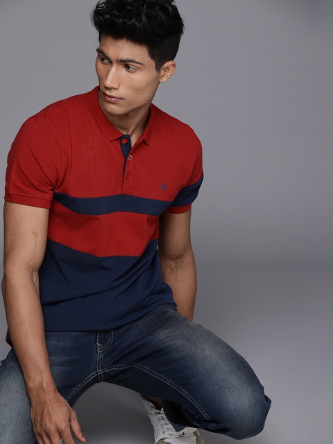 

WROGN Men Navy Blue Red Colourblocked Polo Collar Slim Fit Pure Cotton T-shirt