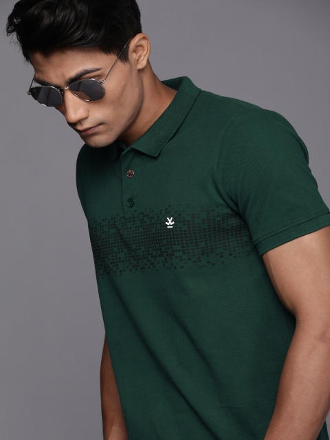 

WROGN Men Green Printed Polo Collar Slim Fit Pure Cotton T-shirt