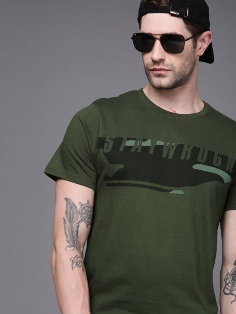 

WROGN Men Olive Green Black Typography Printed Slim Fit Pure Cotton T-shirt