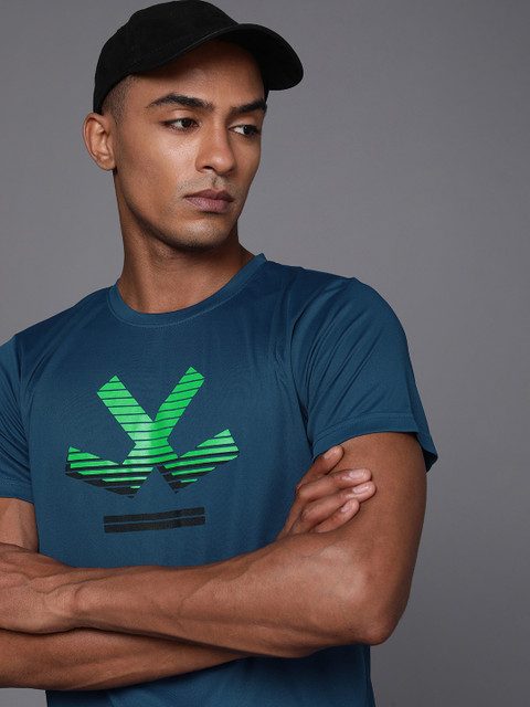 

WROGN ACTIVE Men Blue & Green Brand Logo Printed Slim Fit T-shirt