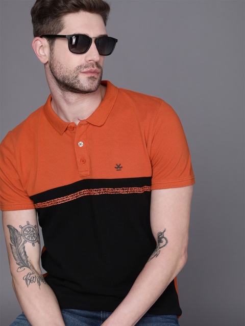 

WROGN Men Orange Black Pure Cotton Colourblocked Polo Collar Slim Fit Pure Cotton T-shirt