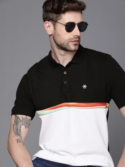 

WROGN Men Black & White Colourblocked Polo Collar Slim Fit Pure Cotton T-shirt