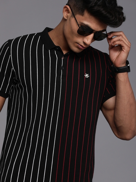 

WROGN Men Black & Red Striped Polo Collar Pure Cotton Slim Fit T-shirt