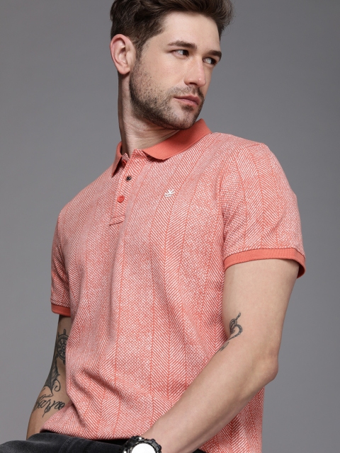 

WROGN Men Coral Pink Self-Designed Polo Collar Slim Fit Pure Cotton Casual T-shirt