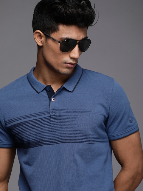 

WROGN Men Blue Striped Polo Collar Slim Fit T-shirt