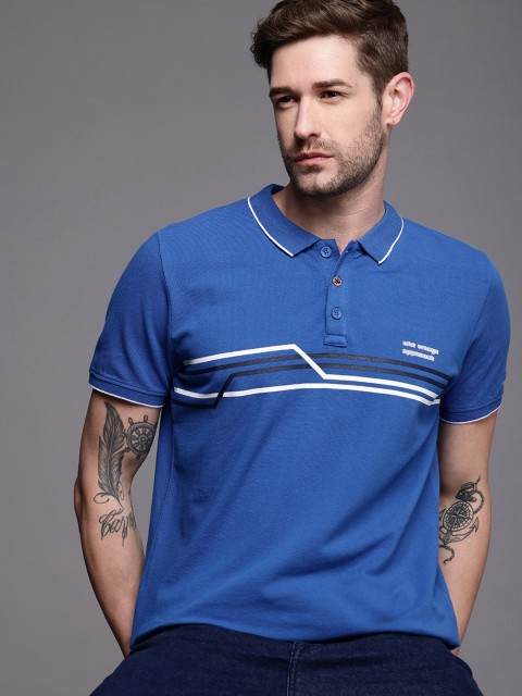 

WROGN Men Blue & White Striped Polo Collar Slim Fit Pure Cotton T-shirt