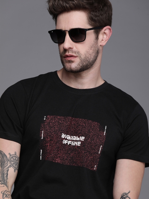 

WROGN Men Black Typography Printed Pure Cotton T-shirt